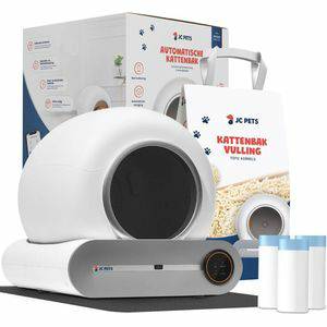 Kattenbakvulling JC Pets Automatische Kattenbak Starterpakket Zelfreinigende Elektrische 65L Robot Kattenbak met App, Touchscreen, 2.5kg Kattenbakvulling, Mat, 3 Rollen Opvangzakjes Geschikt voor Alle Katten